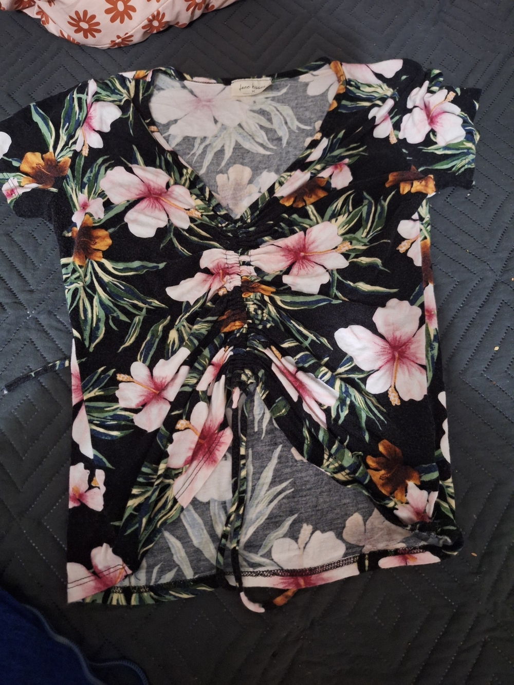 Free Kisses Black Floral Ruched V-Neck Drawstring Crop Top